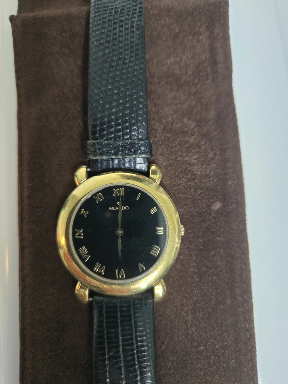 Vintage Movado Museum Roman Numeral Quartz Watch Gold Plated Case Leather Band